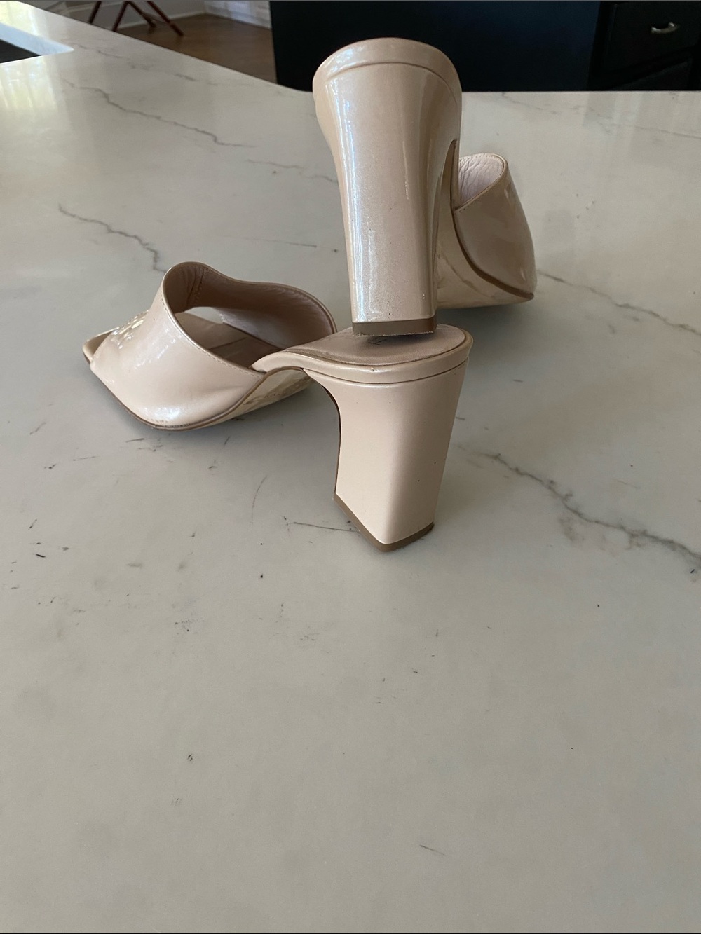 Pedro Anton Nude Patent Block Heel Mules